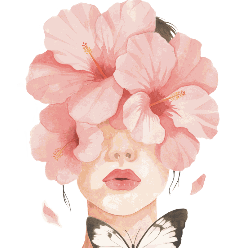Retrat en aquarel·la d'una noia amb flors d'hibisc al cap